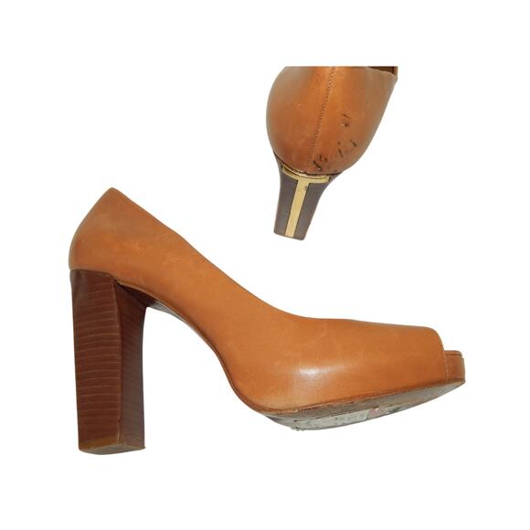 Tory Burch Caramel Tan Leather Peep Toe Pump Size 11 - Picture 9 of 9